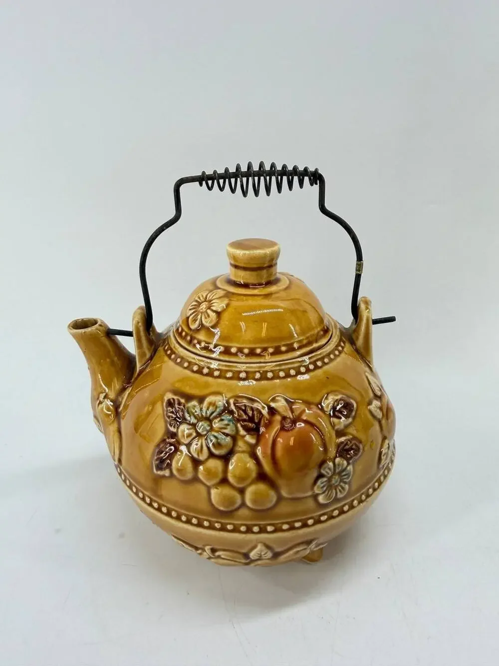 Vintage Brown Ceramic Teapot w Metal Handle Embossed Fruit Floral Rustic Decor